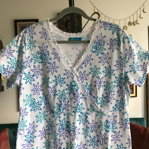 FRESH PRODUCE size XL White Teal Blue & Purple Floral Cotton Surplice Dress - Picture 2 of 4